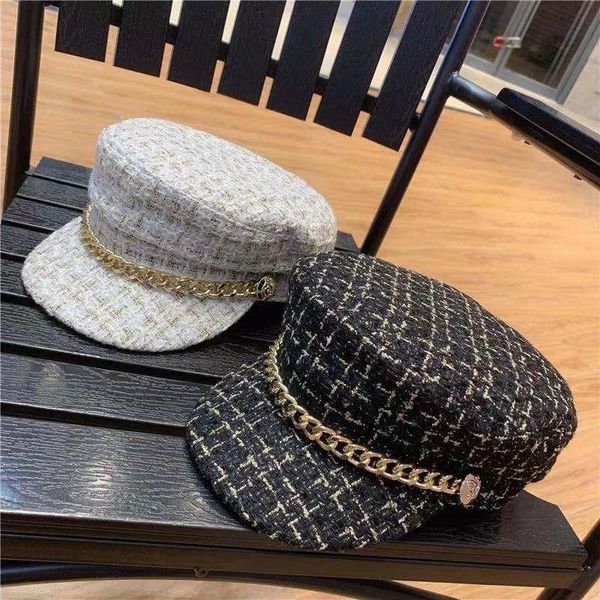 

berets women's autumn korean version european and american style gold chain beret wild striped caps outdoor leisure anti-sack hat, Blue;gray