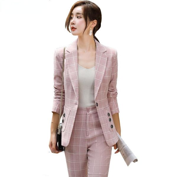 

women's two piece pants casual s-5xl pink gray apricot white plaid oversize pant suit girl women 2 set arrival button decoration blazer