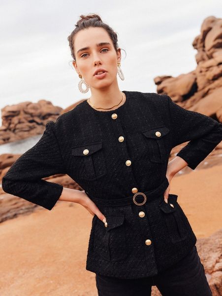 

motf premium tweed straight fit belted overcoat a4kj#, Black