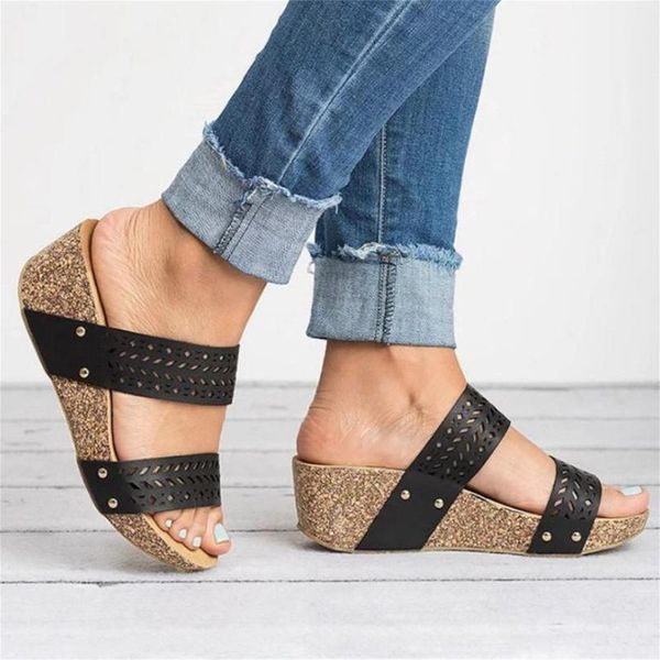 

women shoes women's summer slip-on wedges hollow out beach open toe breathable sandals 2021 platform flip flops slippers, Black