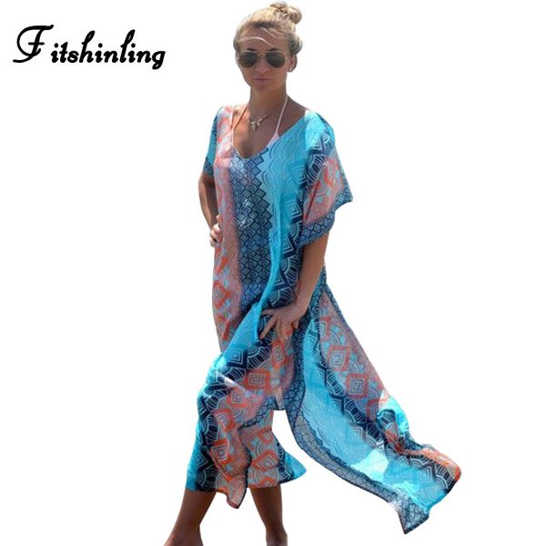 

oversize vintage robe beach long dress straight geometric split output swimwear boho batwing sleeve maxi dresses women pareos