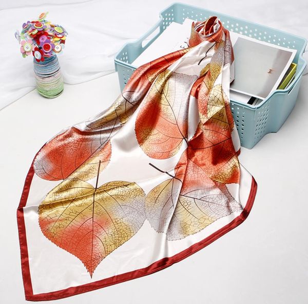

scarves women silk foulard square leaves print scarf ladies satin shawl muffler pareo female for lady 90*90cm, Blue;gray