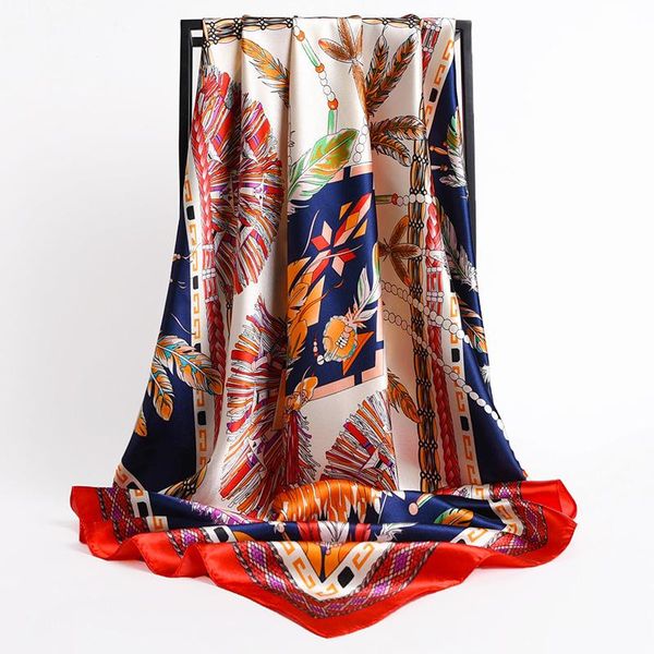 

scarves satin silk square scarf hijab women 2022 print bandana headband neckerchief ladies shawl bag wrap foulard 90*90cm, Blue;gray