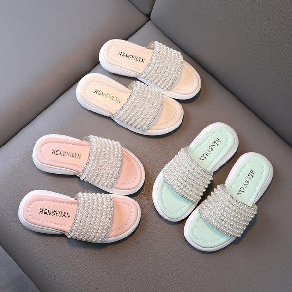 

slipper slippers children girls summer cute little princess fashion korean style one line pearl platforms, Black;grey