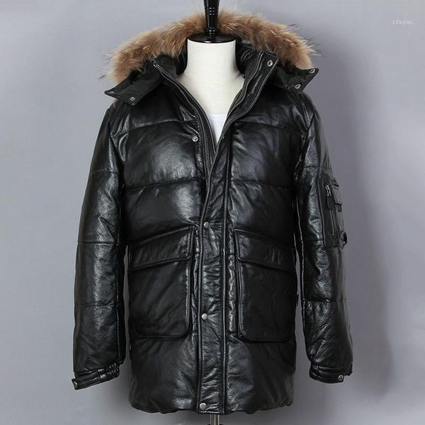 

men's leather & faux genuine fashion men black cowskin jacket fur hooded white duck down long two pockets winter coat