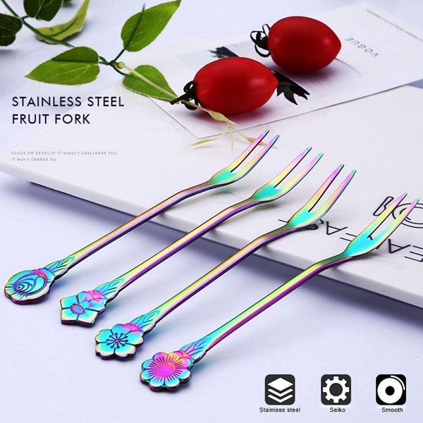 

piece set of stainless steel creative magic flower fruit fork colorful sign cake dessert forks