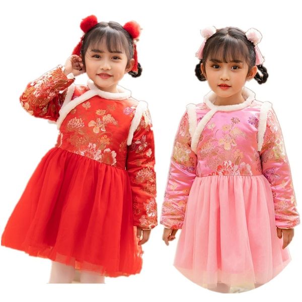 Rot Rosa Baby Mädchen Kleid Gesteppte Chinesische Traditionelle Qipao Kleider Kinder Tutu Kleid Ballkleid Mädchen Party Abend Kostüme 210413