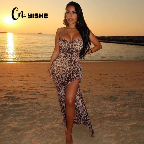 Cnyishe Leopard Baskı Lace Up Kadınlar Maxi Elbise Yaz Seksi Beachwear Parti Elbiseler Kadın Backless Bölünmüş Uzun Sundress Vestidos 210419