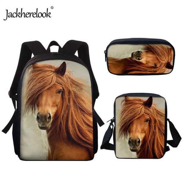 

school bags jackherelook for children fashion 3pcs/set 3d crazy horse printing students shoulder kids boys