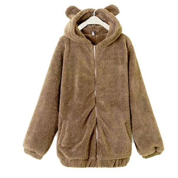 

women's hoodies & sweatshirts 2021 winter cute little bear ears small tail cartoon plush lady hoodie mid-length long solid color loose, Black