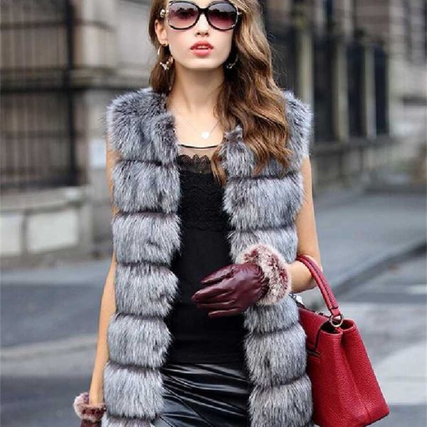 

long stitched imitation fur fur vest women's medium long fur coat 211207, Black