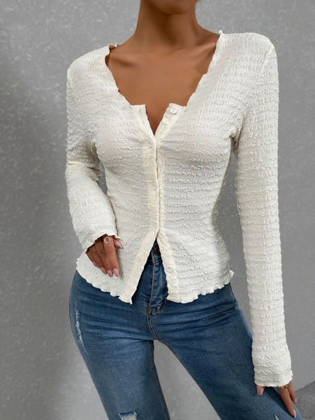 

textured button through lettuce trim tee 90za#, White