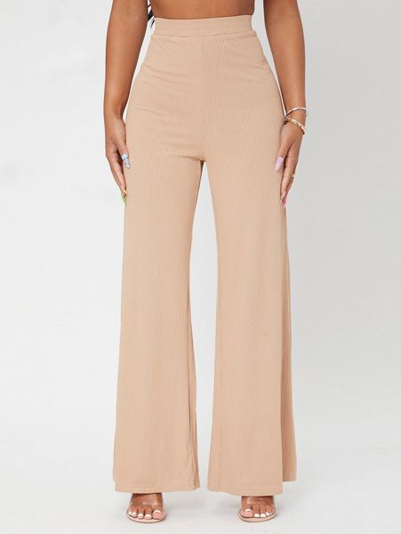 

petite solid rib-knit wide leg pants s9ps#, Black;white