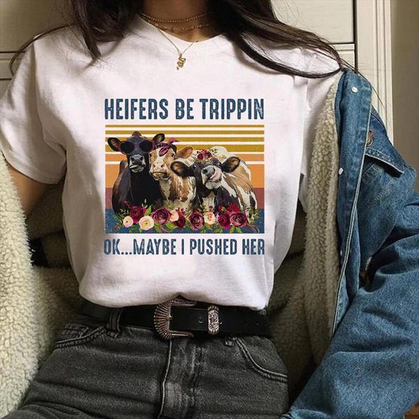 

printing print graphic heifer cartoon women t shirts bull 90s cute fashion clothes lady tees female shirt womens, White