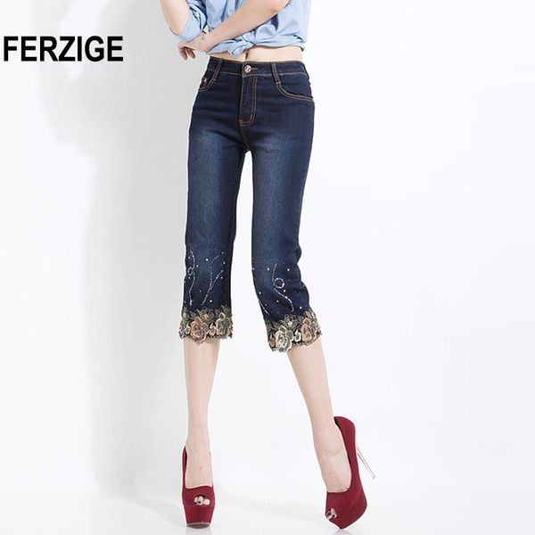 

women's jeans ferzige 2021 women shorts korean folk style summer thin stretch beaded embroidery denim pants dark blue push up 36