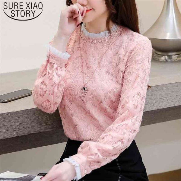 

korean style women spring arrival lace blouse elegant long sleeve shirt pink loose blusas 8022 50 210506, White