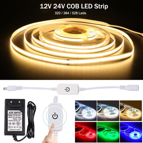

strips dimmable cob led strip light 12v 24v flexible fob ribbon tape 320 384 528 leds rope high density linear bar eu plug