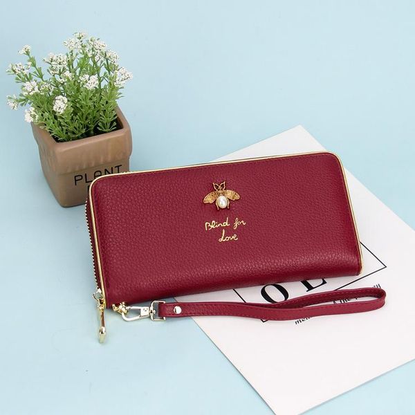 

wallets 2021 leather handbag small bee genuine long wallet women zipper fashion lady purse ybl02, Red;black