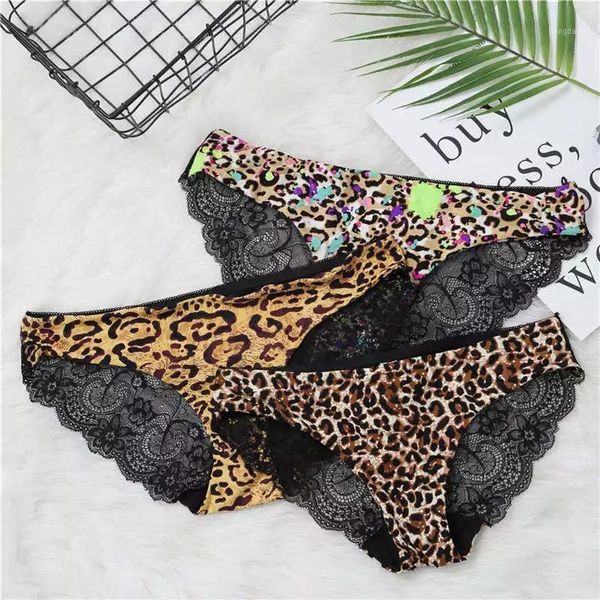 

women's panties fashion lace seamless underwear leopard ice silk for girl bikini cotton crotch transparent lingerie briefs, Black;pink