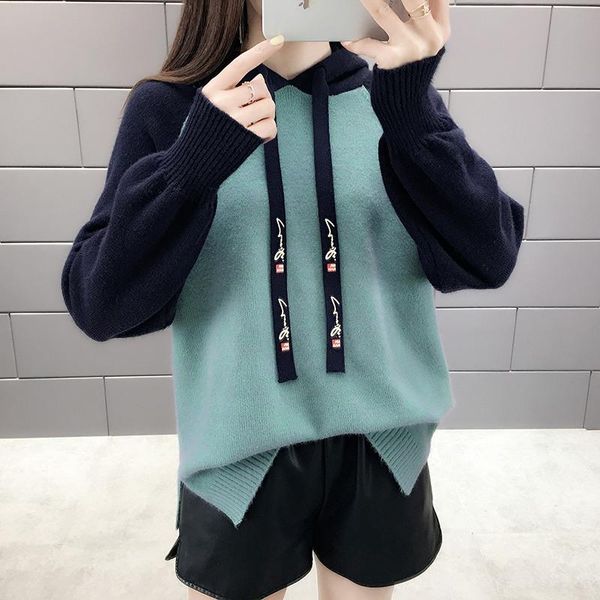 

women's sweaters korean style autumn spring 2021 patchwork hooded knitted pulloves lantern sleeve with lace up casual jumpers, White;black