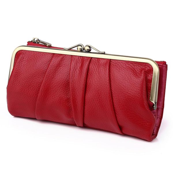 

genuine long clip women clutch brand designer cow leather ladies wallet female phone purse, Red;black
