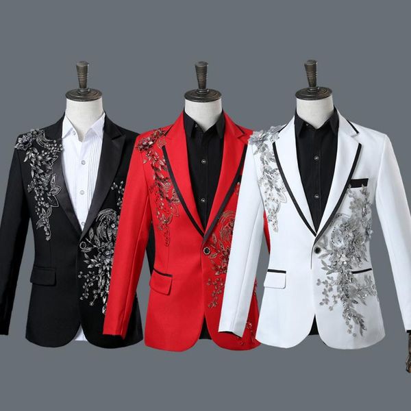 

men's suits & blazers male stage performance costume suit singer nightclub bar party wedding tuxedo dress inlaid diamond 2pcs sets blaz, White;black