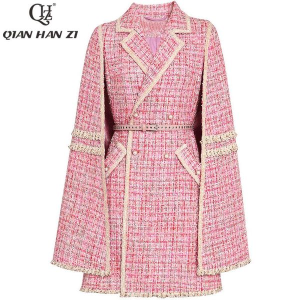 

women's wool & blends qian han zi summer designer fashionable women cape jacket winter belt slim double-breasted pink 2021, Black