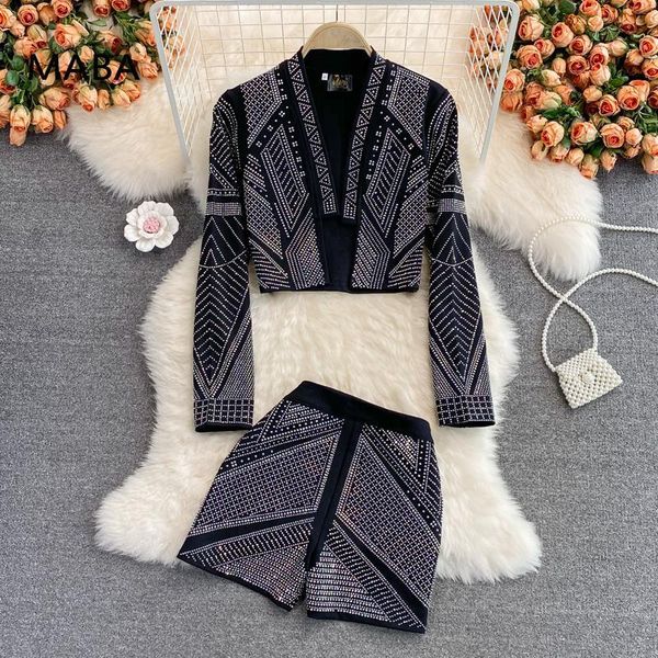 

women's tracksuits 2021 autumn women luxury black shorts set diamond cardigan coat+high waist 2-piece fashipn tide, Gray
