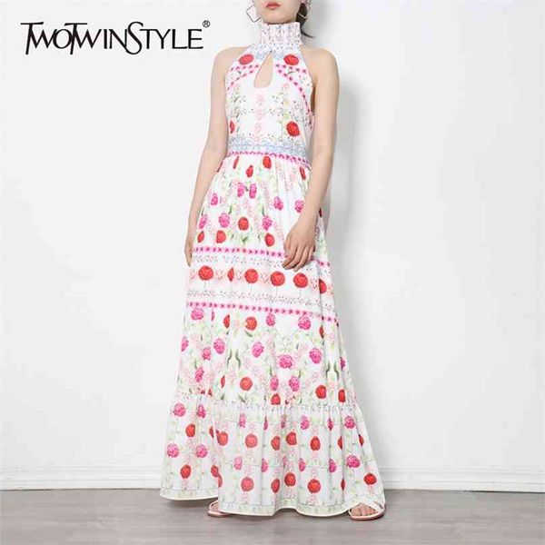 

hollow out print dress for women turtleneck sleeveless high waist maxi summer dresses female fashion stylish 210520, Black;gray