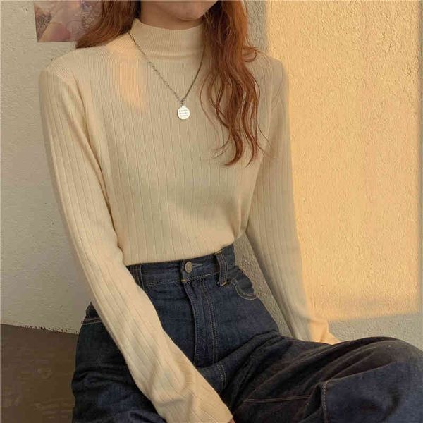 

slim warm chic turtleneck knitted solid ol basic bottoming sweater korean pullover sweaters 210421, White;black
