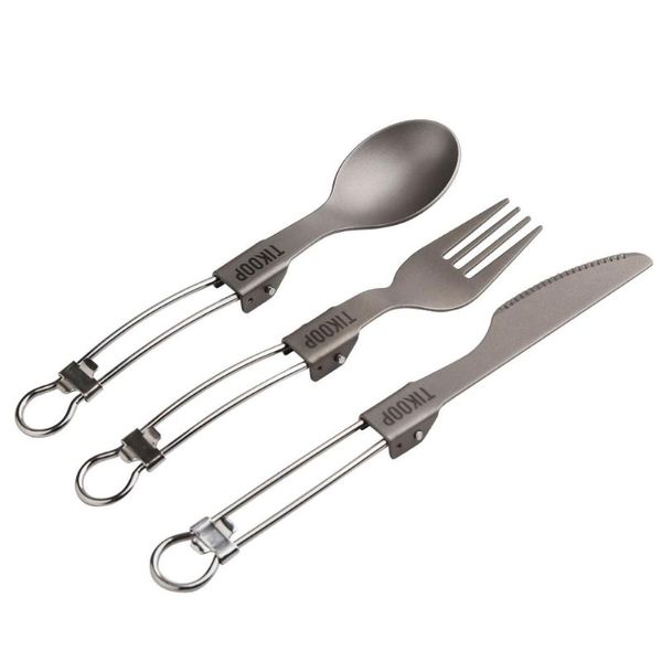 

dinnerware sets 100% titanium 3-pieces cutlery set outdoor picnic gear camping bbq travel fork knife collapsible tableware spoon