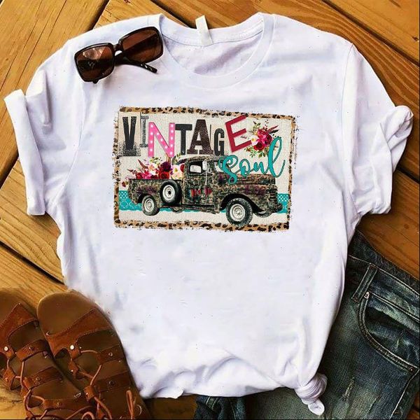 

vintage truck soul flower floral womens t shirt printed clothes graphic, White