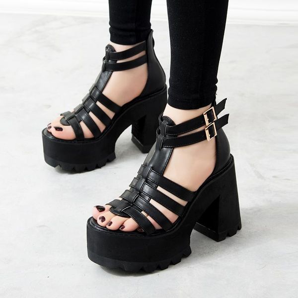 

sandals europe and the united states 2021 summer fish mouth high heel fashion personality hollowed inside increased sandals., Black