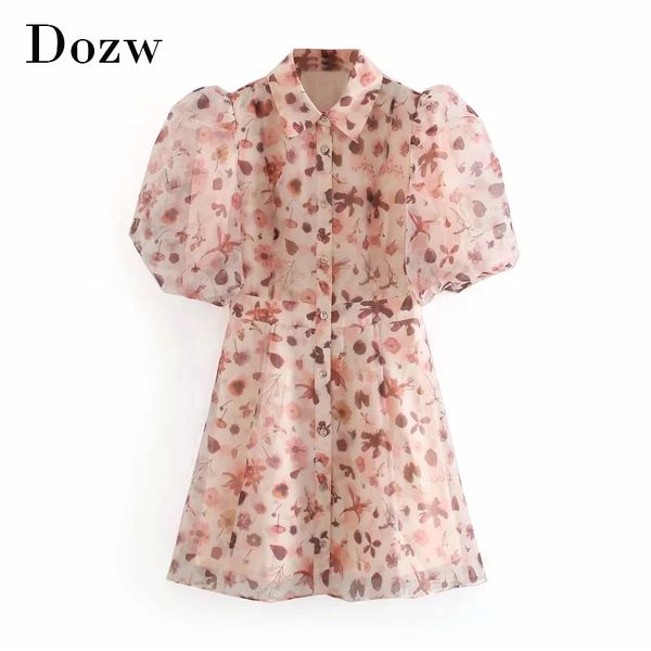 

sweet floral print organza shirt dress women puff short sleeve mini party dress turn down collar summer dresses 210414, Black;gray