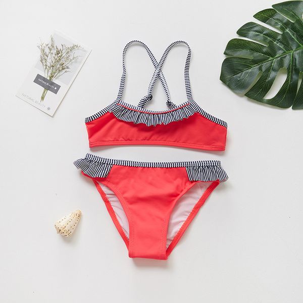 

2-14years children kids girls bikini beach swimsuit+shorts swimwear set outfit ropa de playa stitching stripes simple casual m4