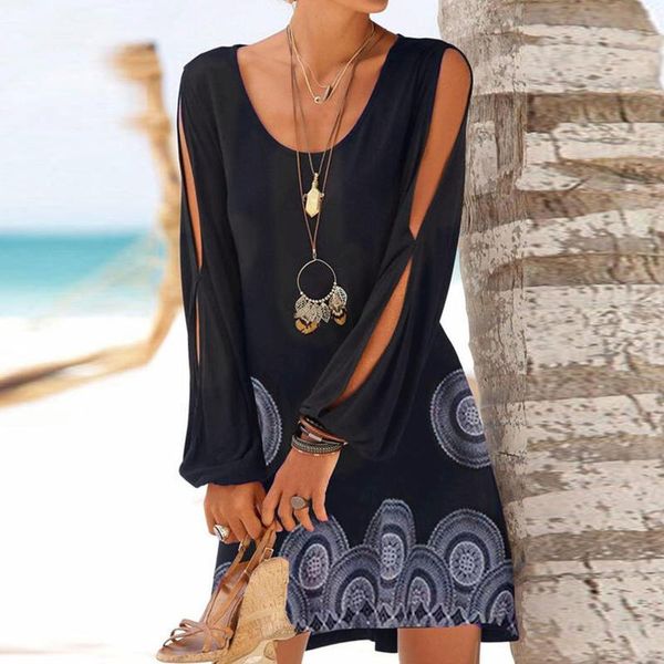 

casual dresses bohemian beach dress women summer foral printing hollow out long sleeve a-line vintage round neck split mini, Black;gray