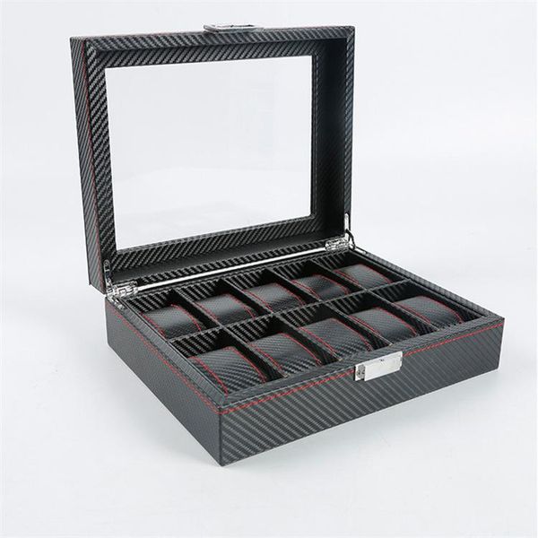 

watch boxes & cases carbon fiber pu leather 6 position 10 12 case wooden storage, Black;blue