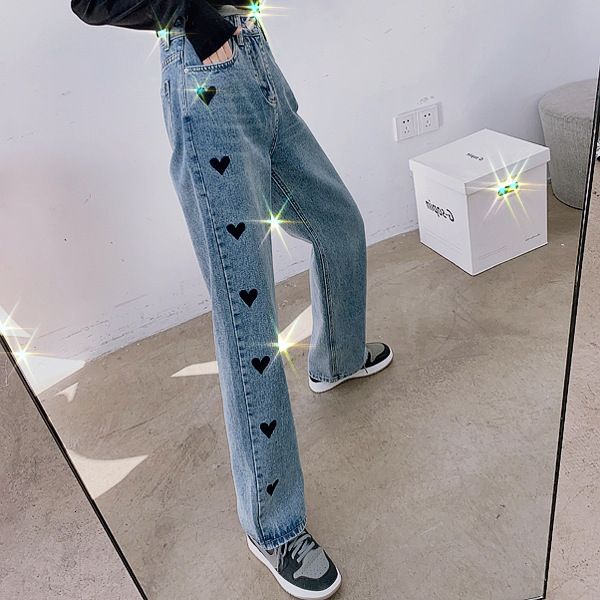 

jeans women's fashion 2021 spring love embroidery loose straight blue floor pants hong kong style high waist slim