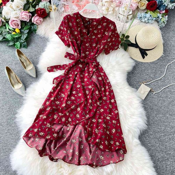 

fashion floral 2021 ruffles v-neck bandage long chiffon dress summer party, Black;gray