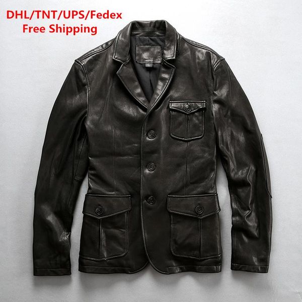 

men's leather & faux dhl genuine jackets goat large pocket motorcycle jacket vintage business standard coat, Black