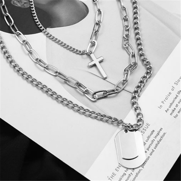 

jewelry multilayer stainless steel necklace jump di hip hop female clavicle chain cross pendant male accessories necklaces, Silver