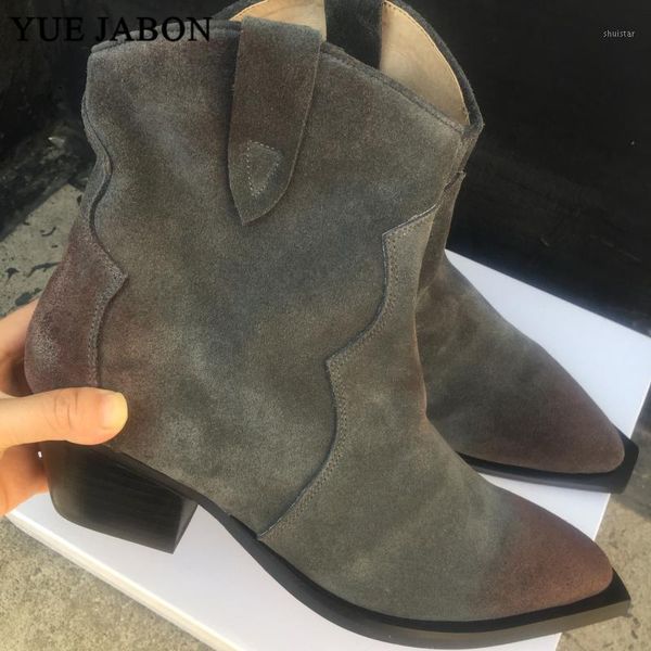 

boots gray suede leather chunky hee2021 ladies street style women round toe ankle autumn cowboy1, Black