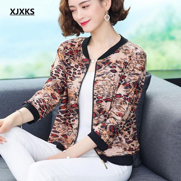

women's jackets xjxks fashion leopard print women zipper cardigan 2021 summer autumn loose plus size three-quarter sleeve jacket, Black;brown