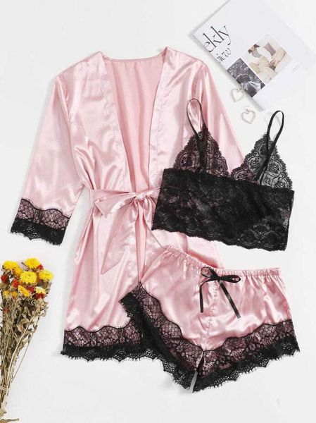 

new lace pocket charming women's pink imitation silk fun pajamas, Black;red