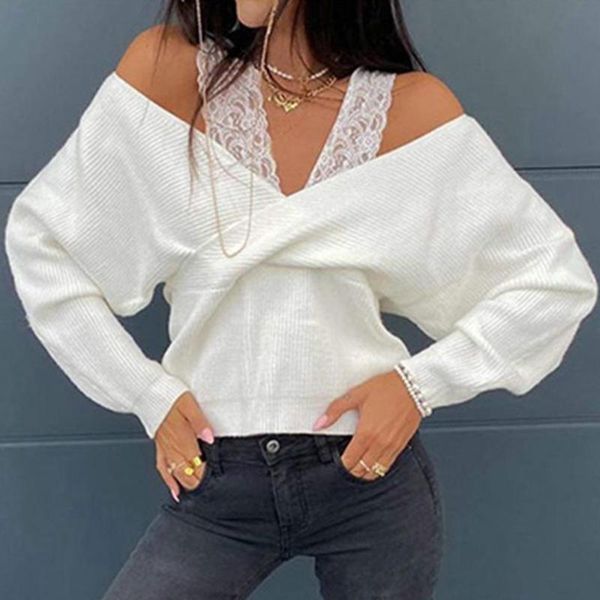 

women's vests women autumn winter sweater 2021 est long sleeve off shoulder lace strap knit warm clothes, Black;white