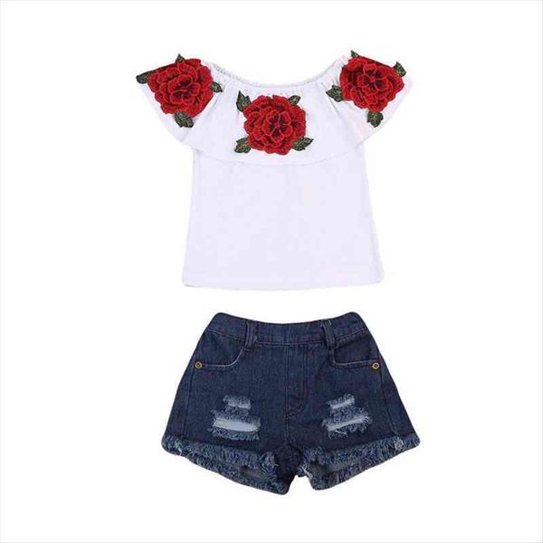 

brand 3d flower toddler infant kids baby girls t shirt denim pants 2pcs outfits lovely set 1 6t, White