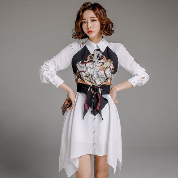 

dresses spring fashion printed patchwork chiffon irregular shirt women long sleeve button back zipper lace-up mini, Black;gray