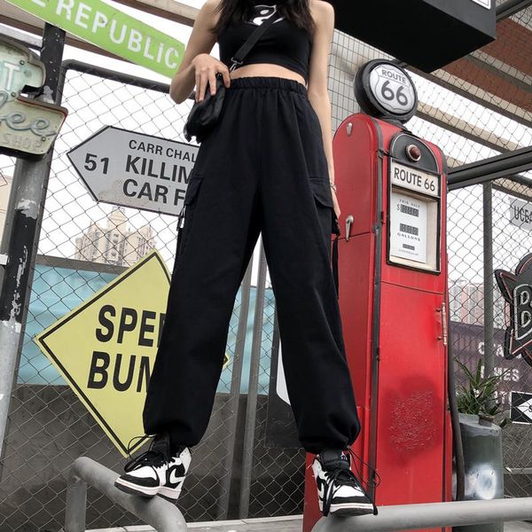 

women's pants & capris summer thin loose black cargo women korean version fashionable wide legs solid elastic waist trousers trendy bot, Black;white