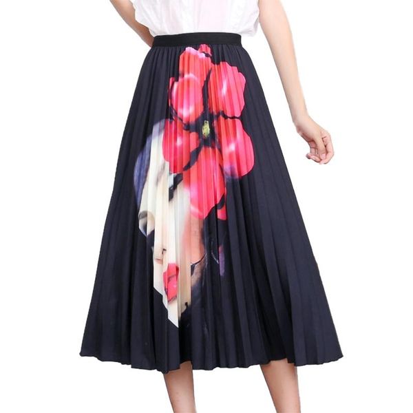 

skirts women's elastic waist pleated skirt printed medium length high a-line summer harajuku faldas jupe femme 2021, Black