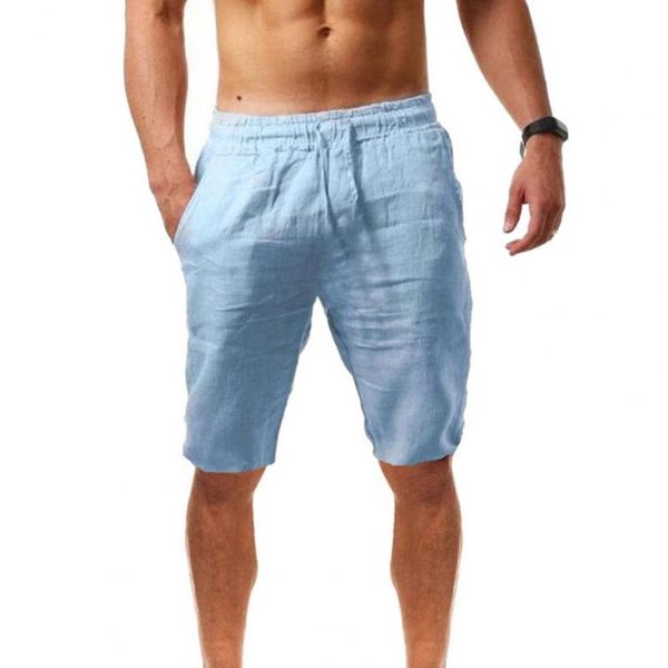 

men's shorts men solid color breathable cotton linen drawstring mid rise short pants knee-length for running pantalones cortos, White;black